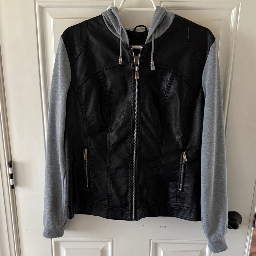 Black Leather Jacket with Gray Sleeves